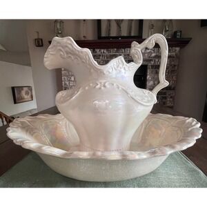Arnel's Vintage Iridescent Ceramic Pitcher and Wash Basin Set Pearlized White